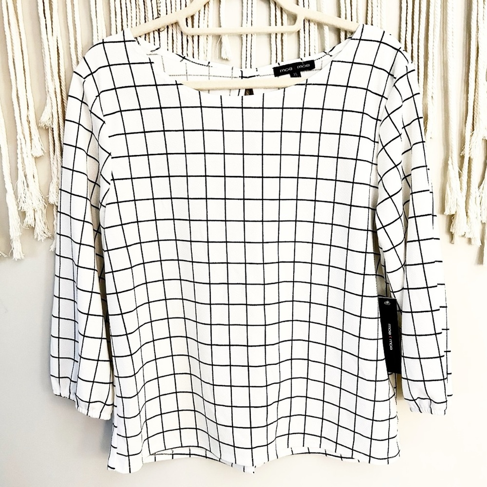 Moa Moa Black & White Grid Window Pane Tie Back Top Size XL New NWT